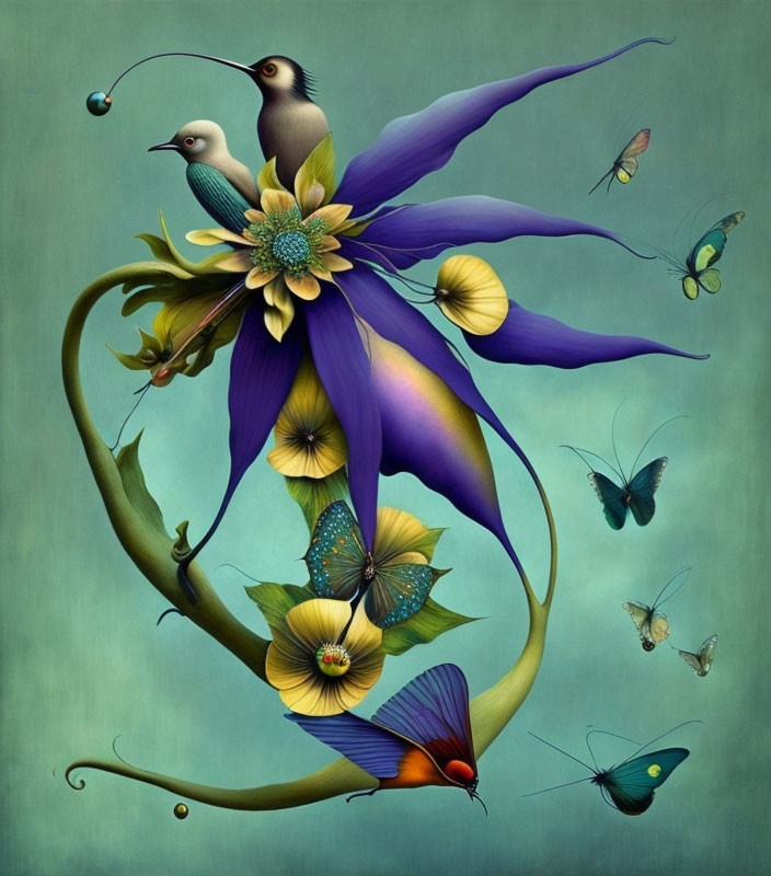 Colorful Birds and Butterflies on Surreal Flower Structure