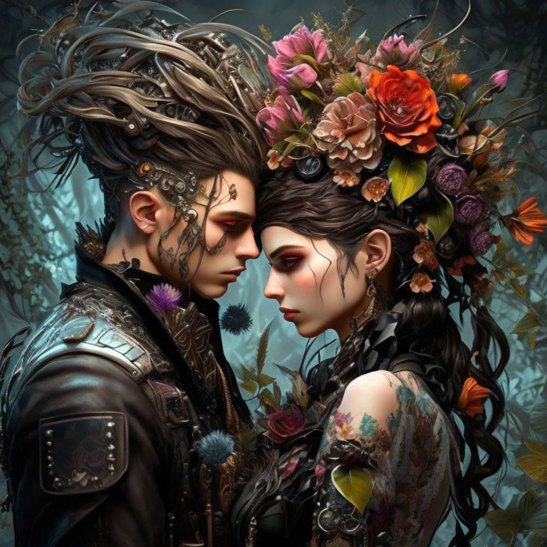 Fantastical couple with floral headdresses and tattoos.