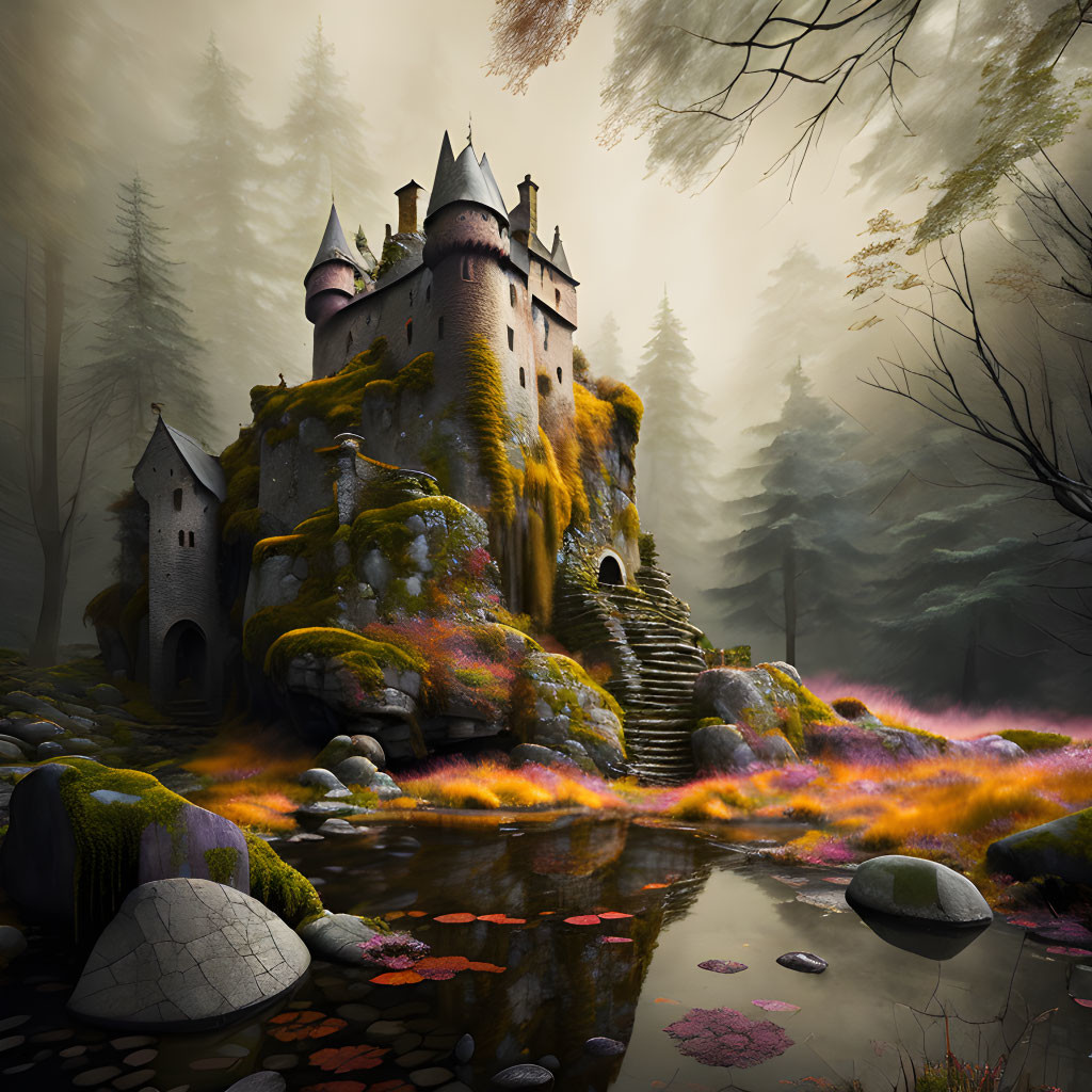 Majestic castle on mossy hill with pond in mystical forest