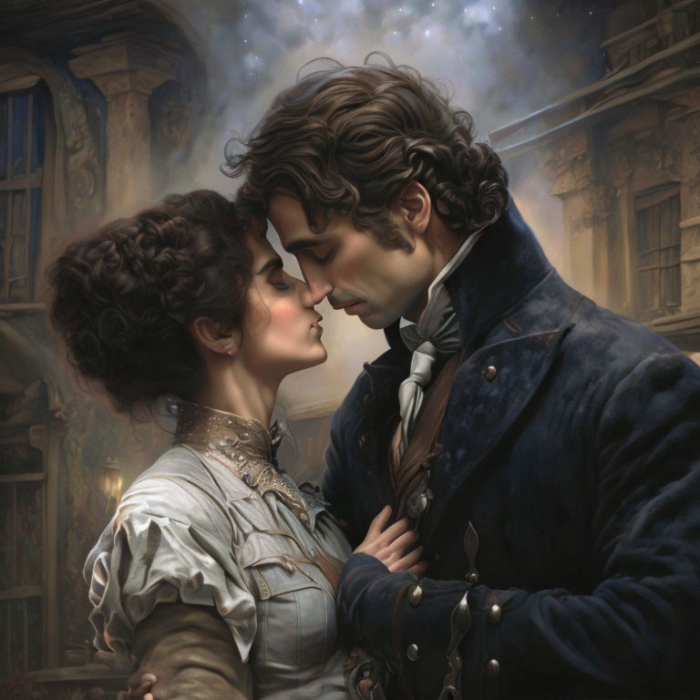 Vintage-dressed couple in romantic embrace with cosmic backdrop and old-world architecture.