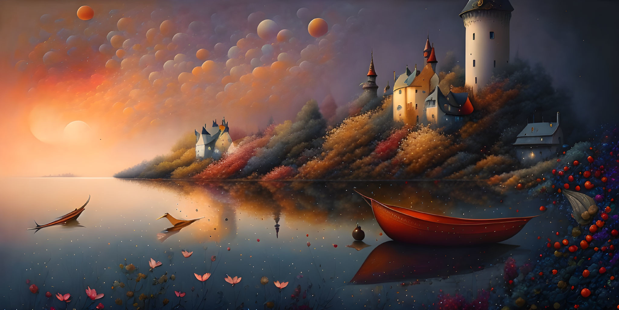 Tranquil sunset lake scene with colorful trees, castle, balloons, and boats