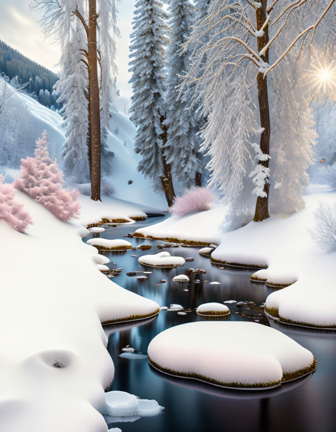 Snow-covered trees and sunlit stream in serene winter landscape