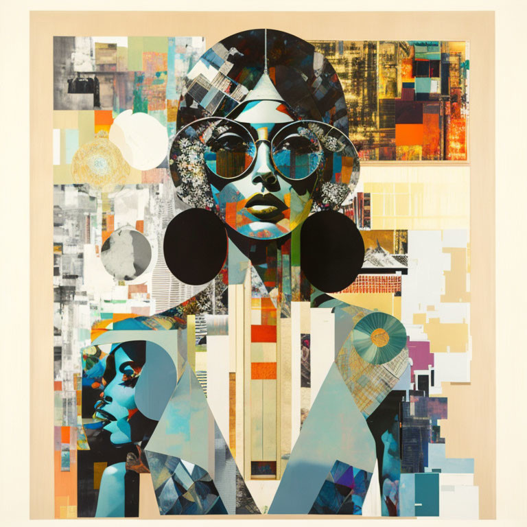 Vibrant Collage Artwork: Abstract Woman with Sunglasses & Geometric Background