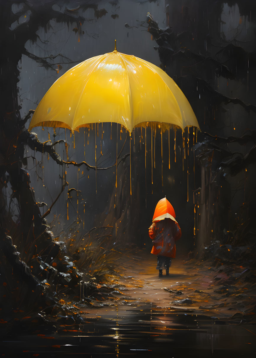 Person in Red Jacket with Yellow Umbrella Walking in Rainy Forest