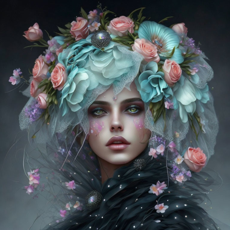 Portrait of Woman with Floral Headdress and Glitter Cheeks