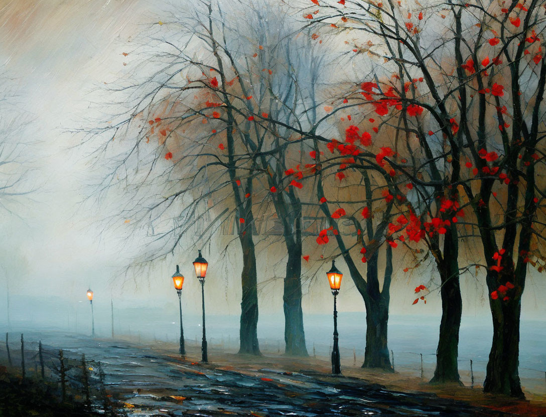 Autumn landscape with bare trees, red leaves, wet path, and glowing street lamps