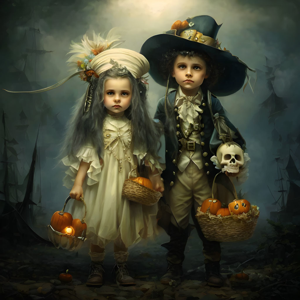 Vintage Halloween Costumes: Children in Forest with Pumpkins and Skull