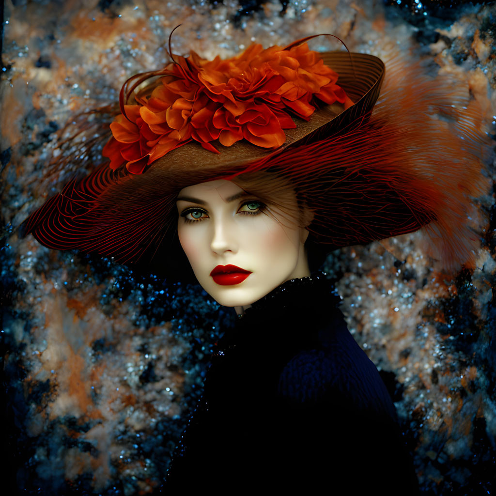 Stylized woman portrait with green eyes and wide-brimmed hat on cosmic background