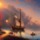 Colorful digital artwork: sailboat on serene lake at sunset, vibrant skies, blooming flowers,