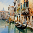 Venetian canal watercolor painting with gondolas and buildings