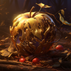 Golden apple with swirling hole among fallen leaves and red apples, illuminated by warm light