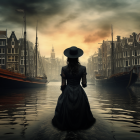 Vintage-dressed woman by canal at sunset with sailing ships and old European buildings