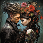 Fantastical couple with floral headdresses and tattoos.