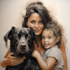 Portrait of woman, girl, and black dog embracing on creamy background with floating leaves