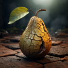 Surreal pear with leaf skin on surface with scattered leaves and bokeh light.