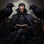 Man in dark attire reading book with two ravens in dimly lit setting