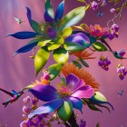 Fantastical flowers, hummingbirds, and butterflies in vibrant digital art