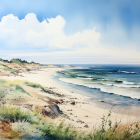 Serene beach watercolor painting with fluffy clouds and gentle waves