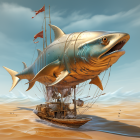 Steampunk-style image: Fish-ship fusion in cloudy sky with birds