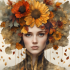 Portrait of woman with orange, red, and brown floral headdress