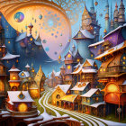 Fantasy village illustration with unique houses under moonlit sky