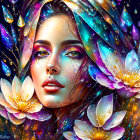 Colorful digital artwork: Woman with petal-like hair in luminescent floral setting