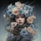 Surreal portrait of woman with serene expression and floral bird adornment