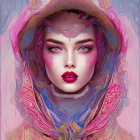 Colorful Woman Illustration with Intricate Patterns and Adorned Hood