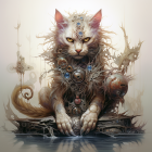 Elaborately armored fantasy cat with ornate details and skull surrounded by birds