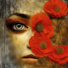 Surreal image: Woman's face merges with red poppies, trees, golden-brown backdrop