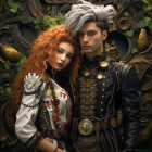 Victorian-inspired couple in elaborate outfits with metallic gears backdrop