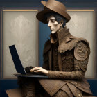 Stylized illustration of person in historical clothing with modern laptop