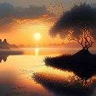 Tranquil sunset landscape with lone tree on islet