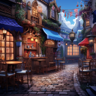 Picturesque Dusk Street Scene with Cobblestones and Outdoor Cafés