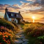 Cozy cottage with flower-lined path and sea sunset view