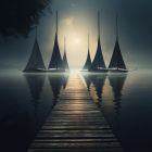 Sailboats on misty lake with sun backlight