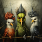 Three intricate fantastical birds with elaborate plumage perched in mystical forest.