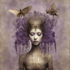 Digital Artwork: Serene Female Figure with Decorative Headdress, Butterflies, Birds, and