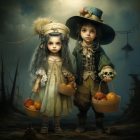 Vintage Halloween Costumes: Children in Forest with Pumpkins and Skull