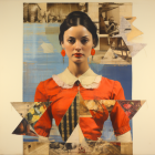 Collage-style painting of woman with dark hair and red earrings