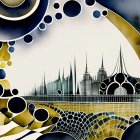 Surrealistic digital artwork: architectural structures, bridge, spires, organic patterns.