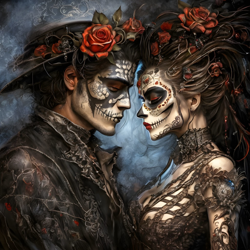 Couple in skull face paint with roses and lace in Day of the Dead theme.