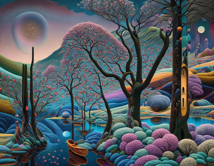 Colorful Landscape with Blossoming Trees, River, Canoe, and Totem Pole