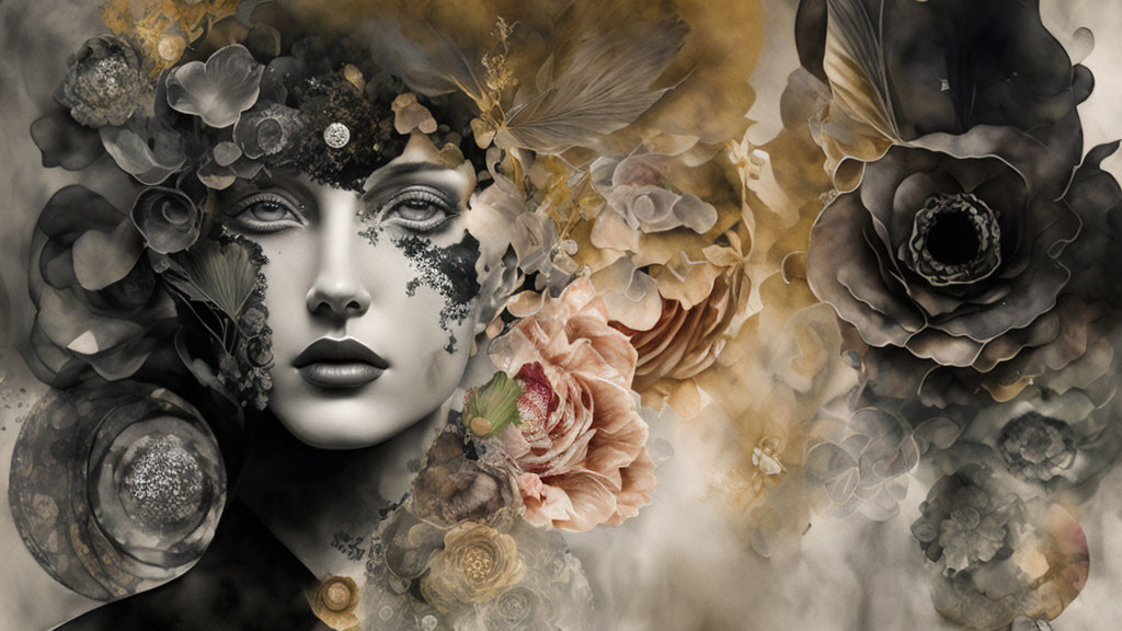 Monochromatic artistic image: Woman in floral design