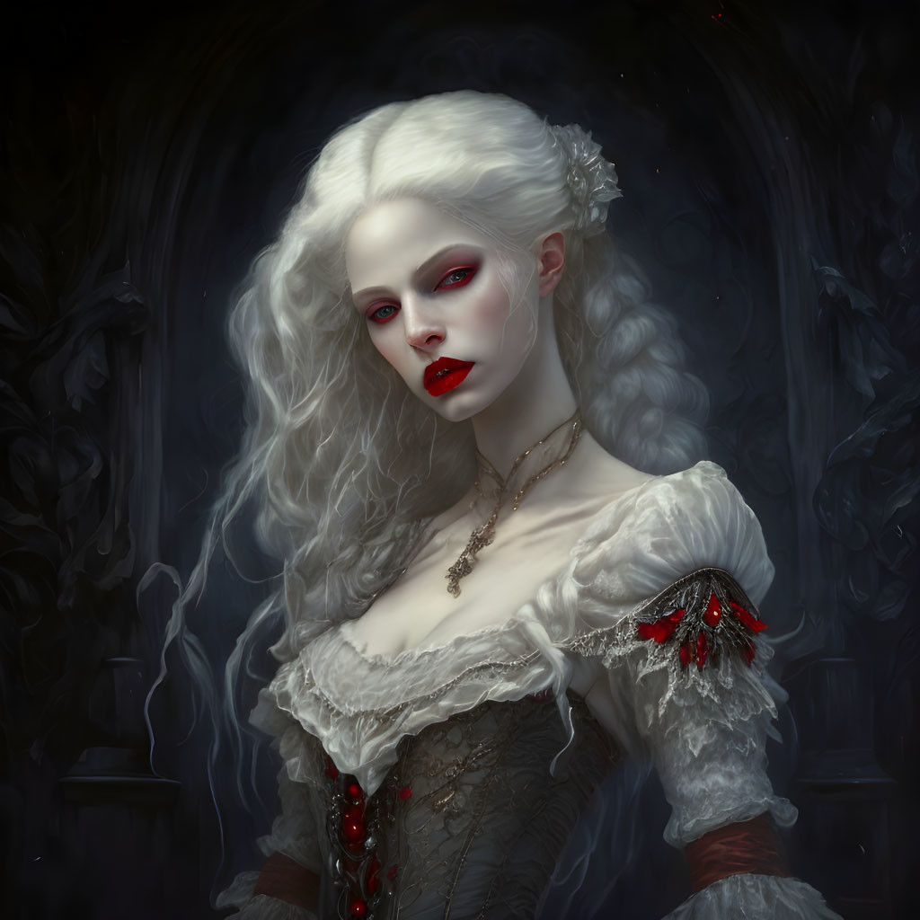 Ethereal woman with red eyes, pale skin, white hair, vintage gown