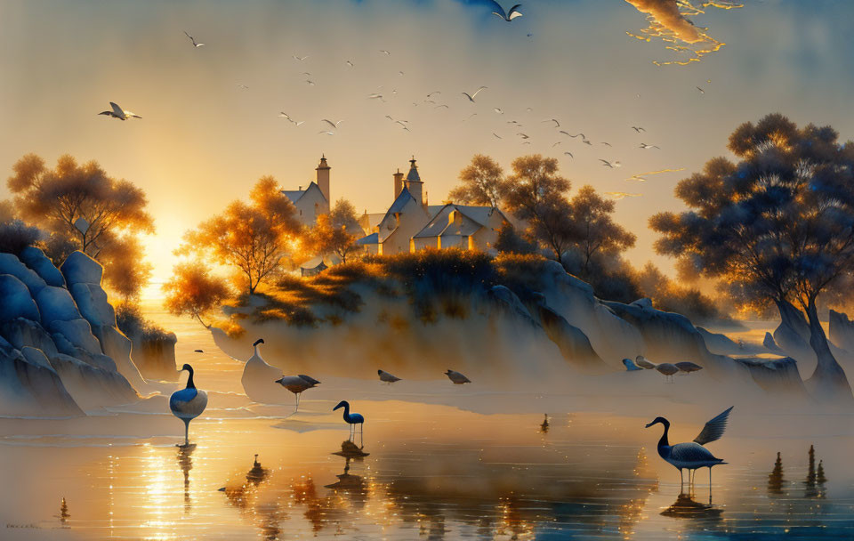 Tranquil landscape: swans on misty lake, village at sunset