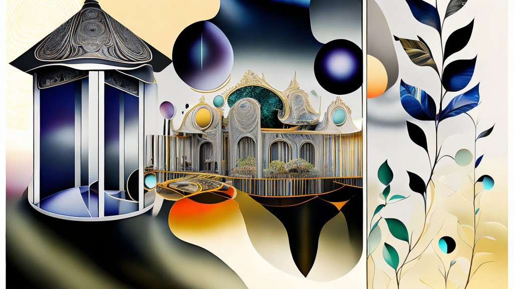 Architectural structure with floating orbs and whimsical patterns in surreal artwork