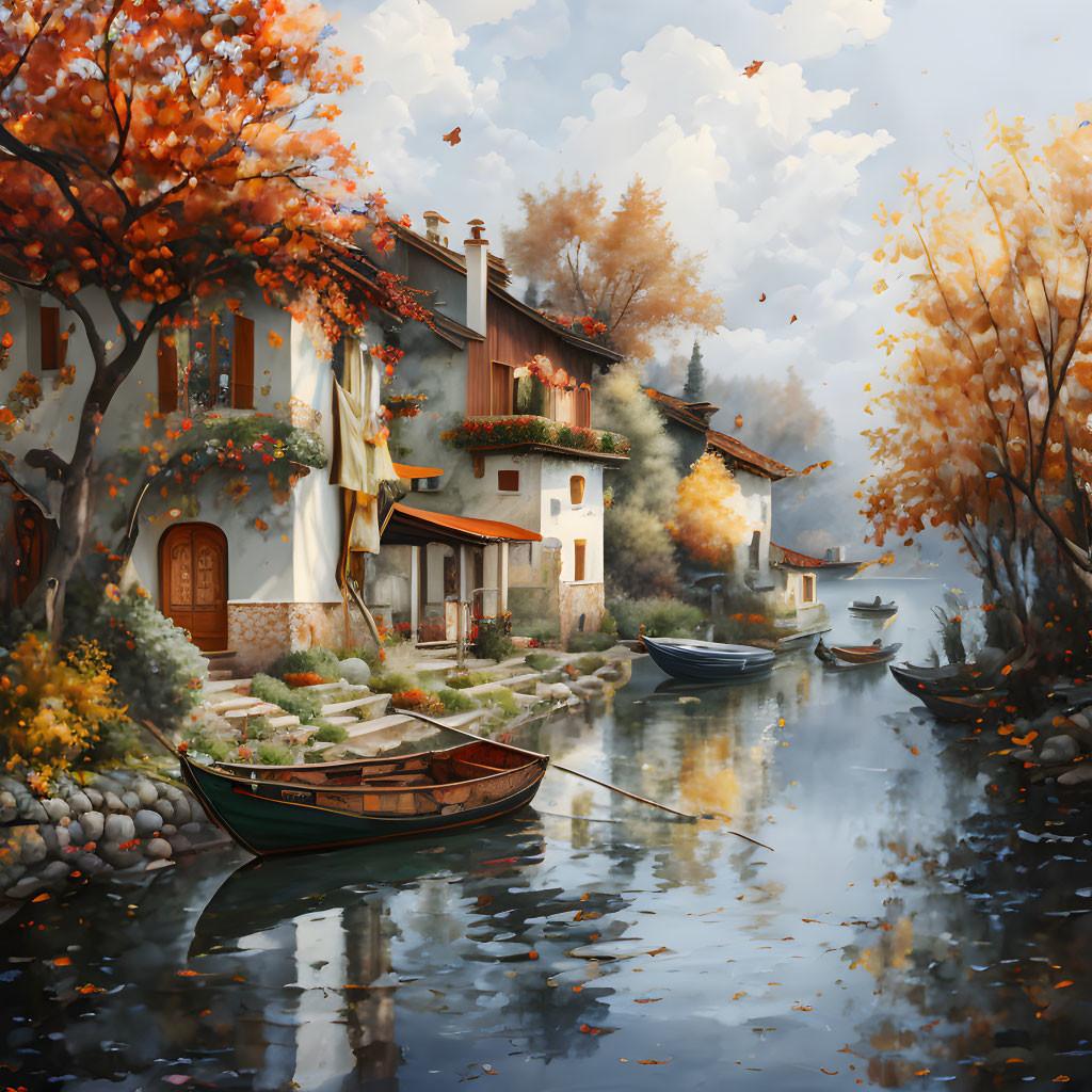 Tranquil lakeside autumn view with boats, foliage, tiled roofs, and flower-filled balconies