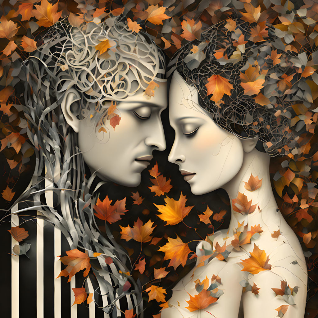 Intricately designed faces with leaf motifs in autumn swirl.