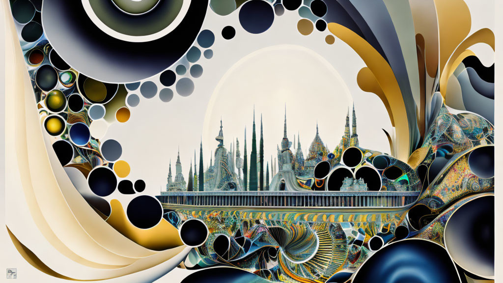 Surrealistic digital artwork: architectural structures, bridge, spires, organic patterns.